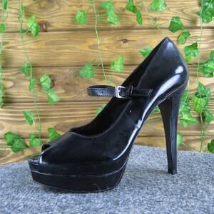 BCBG Women's Paris Fortunax Platform Peep Toe Black Synthetic Pump 6 Medium Used